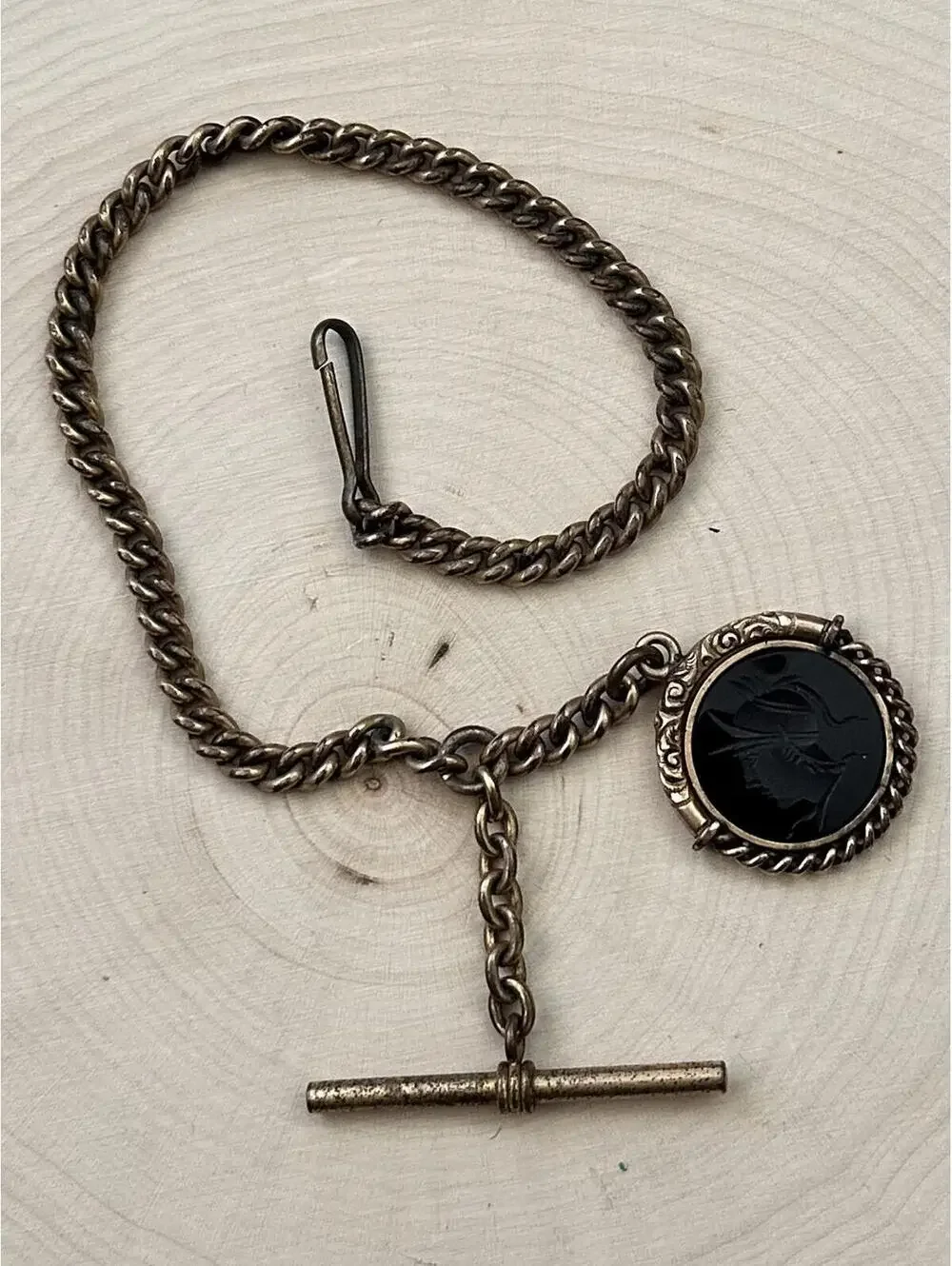 Antique Victorian Gold Filled Carved Roman Soldier Intaglio Sardonyx Watch Chain